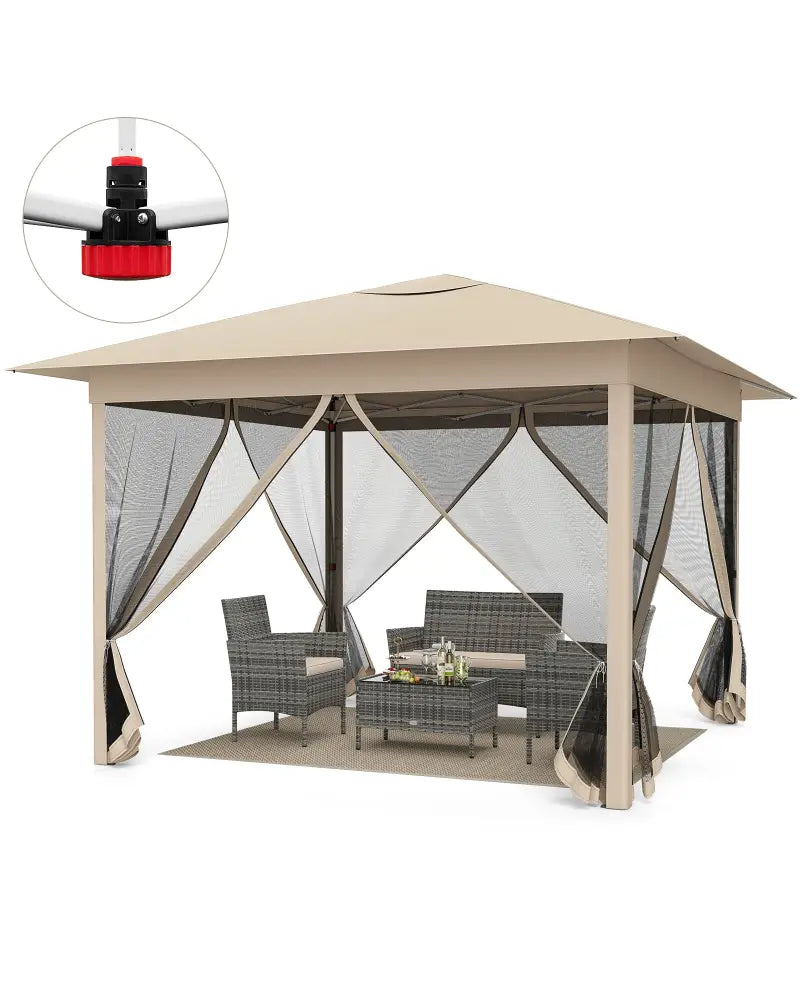 11.5 x 11.5 FT Pop-up Canopy Instant One-Person Setup with Mesh Screen Netting-Beige - Beige - Canopies