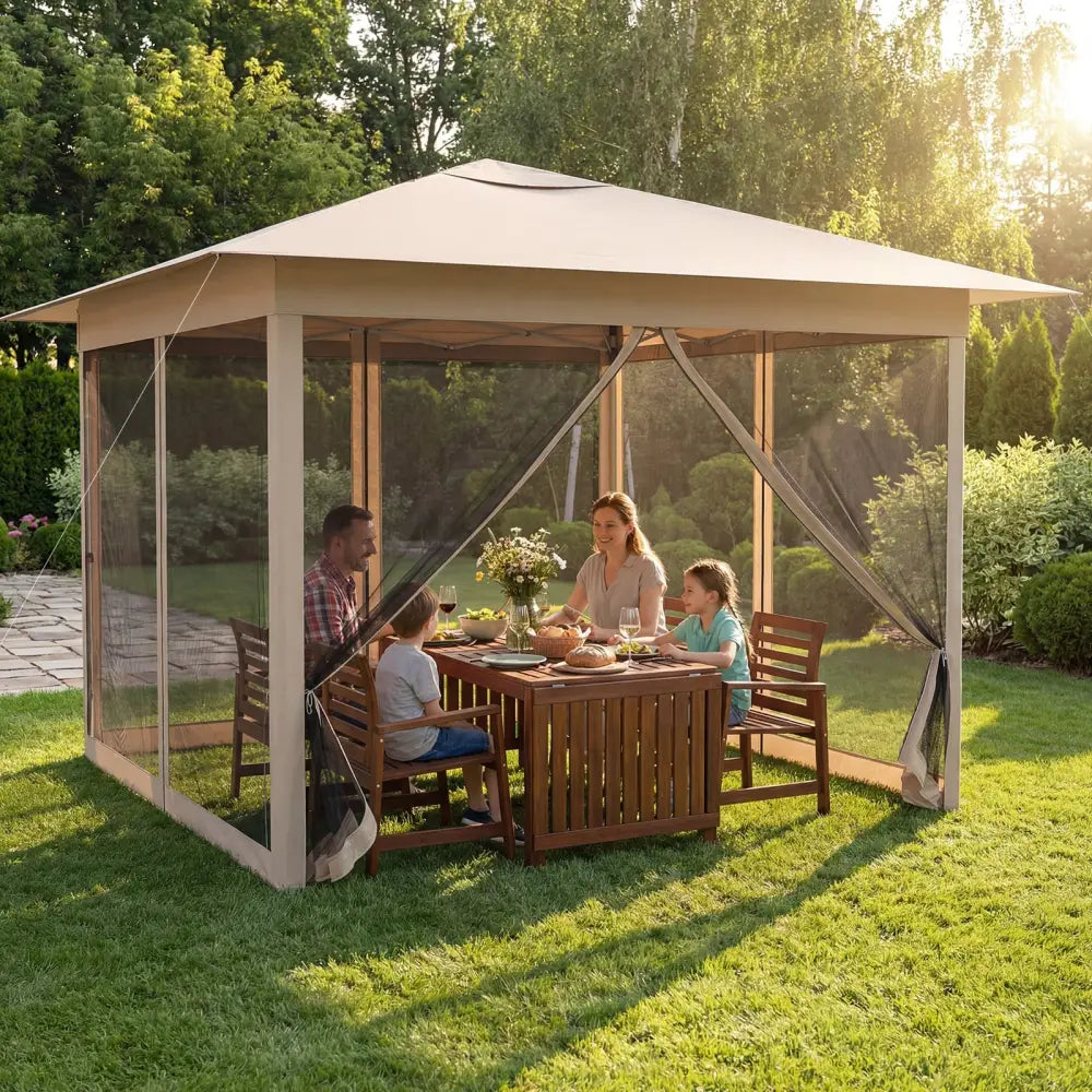 11.5 x 11.5 FT Pop-up Canopy Instant One-Person Setup with Mesh Screen Netting-Beige - Beige - Canopies