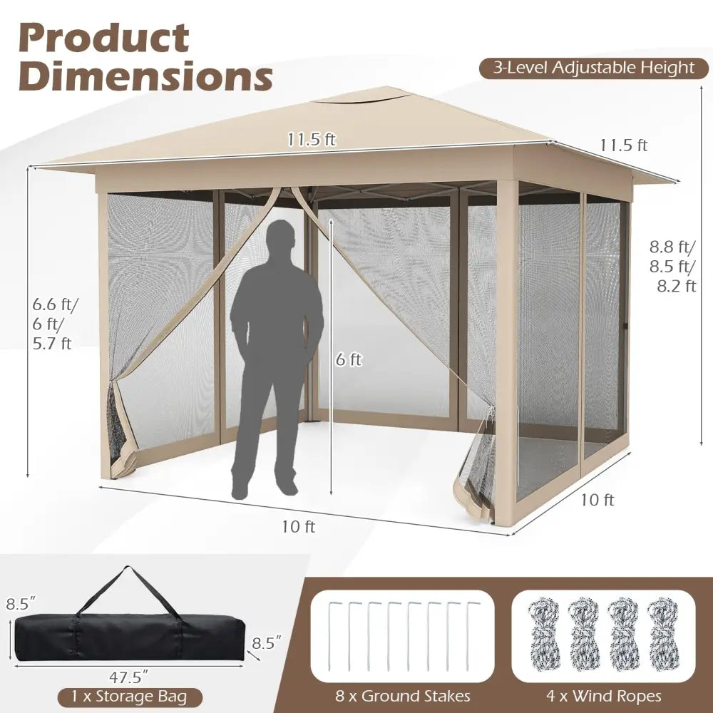 11.5 x 11.5 FT Pop-up Canopy Instant One-Person Setup with Mesh Screen Netting-Beige - Beige - Canopies
