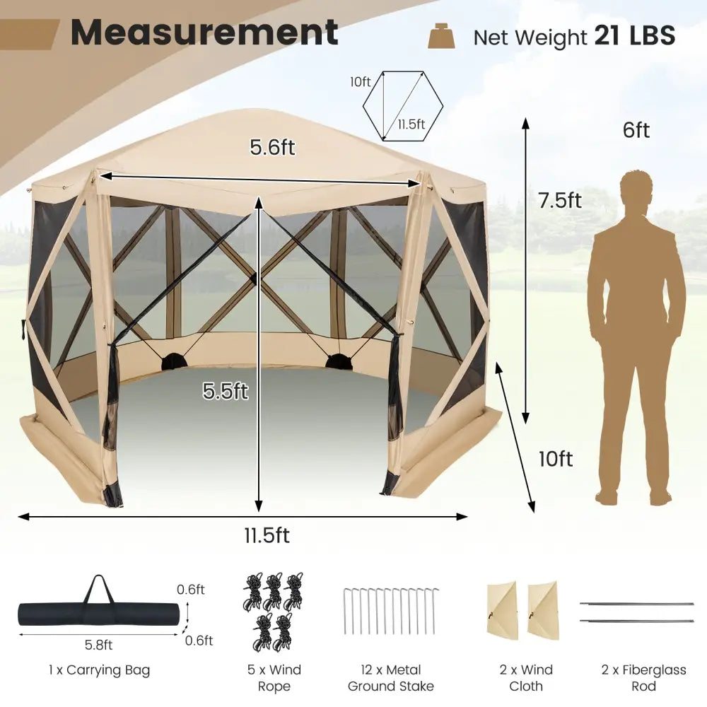 11.5 X 11.5 FT Pop-up Screen House Tent with Portable Carrying Bag-Coffee - Coffee - Tents