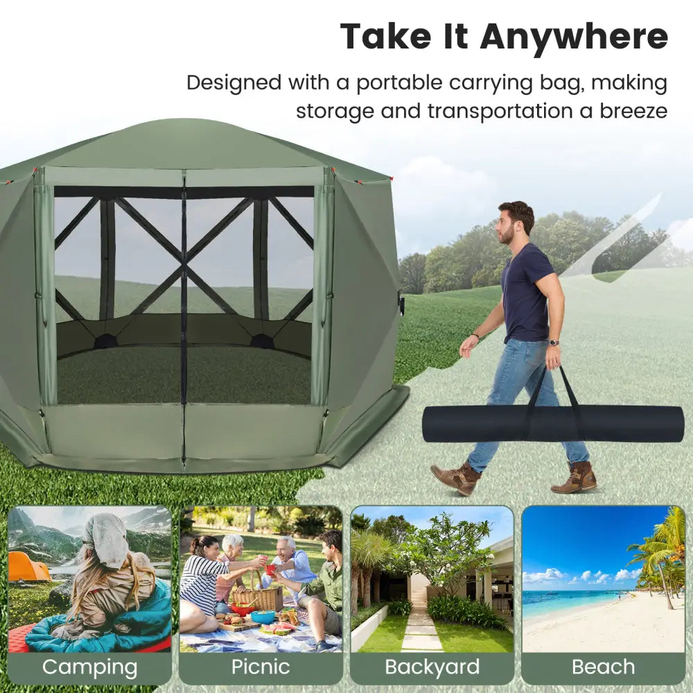 11.5 X 11.5 FT Pop-up Screen House Tent with Portable Carrying Bag-Green - Green - Tents