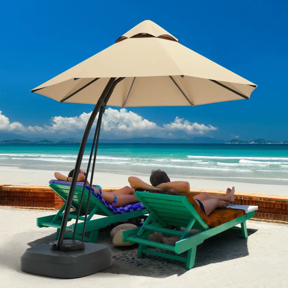 11 Feet Outdoor Cantilever Hanging Umbrella with Base and Wheels-Beige - Beige - Outdoor Umbrellas