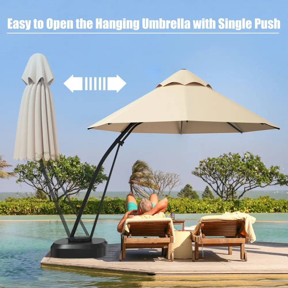 11 Feet Outdoor Cantilever Hanging Umbrella with Base and Wheels-Beige - Beige - Outdoor Umbrellas