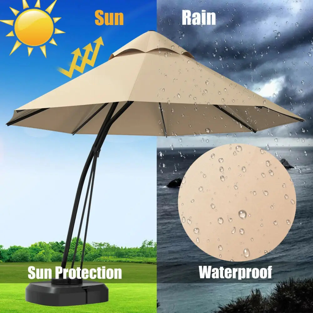 11 Feet Outdoor Cantilever Hanging Umbrella with Base and Wheels-Beige - Beige - Outdoor Umbrellas
