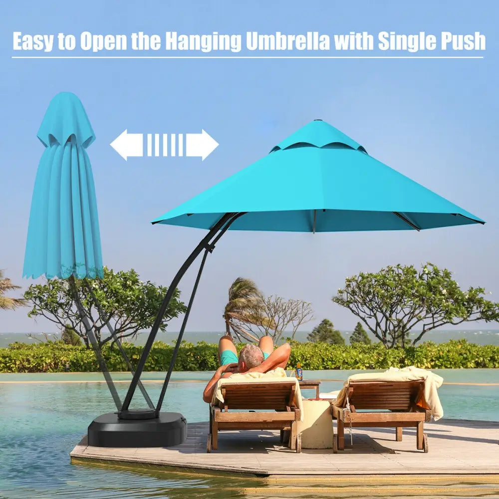 11 Feet Outdoor Cantilever Hanging Umbrella with Base and Wheels-Turquoise - Turquoise - Outdoor Umbrellas