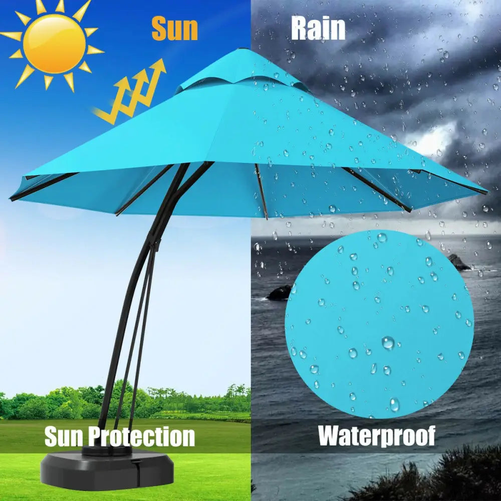 11 Feet Outdoor Cantilever Hanging Umbrella with Base and Wheels-Turquoise - Turquoise - Outdoor Umbrellas