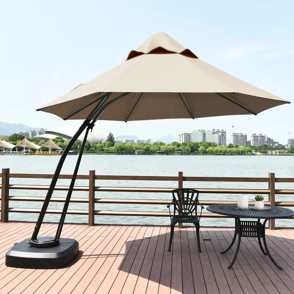 11 Feet Outdoor Cantilever Hanging Umbrella with Base and Wheels-Tan - Tan - Outdoor Umbrellas