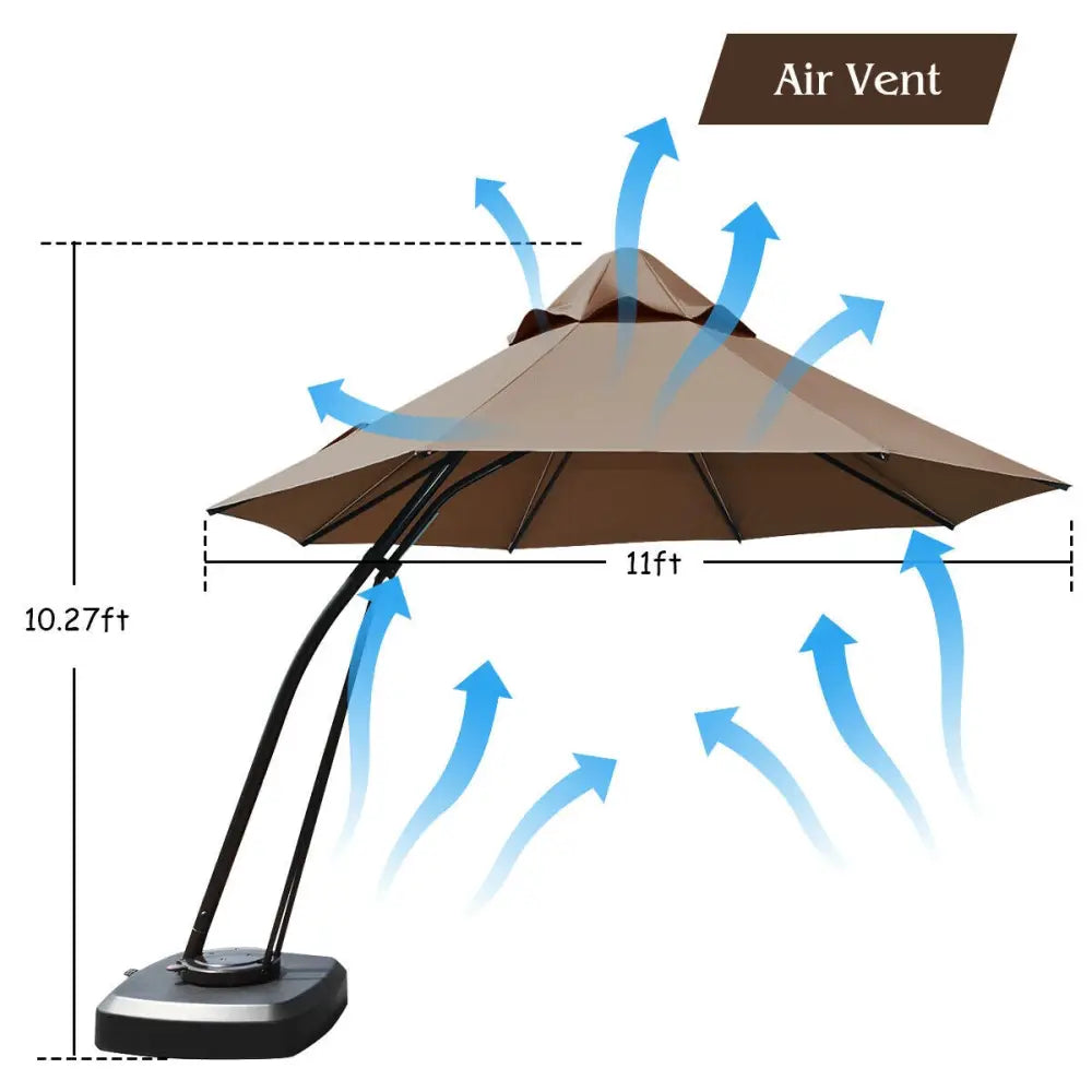 11 Feet Outdoor Cantilever Hanging Umbrella with Base and Wheels-Tan - Tan - Outdoor Umbrellas