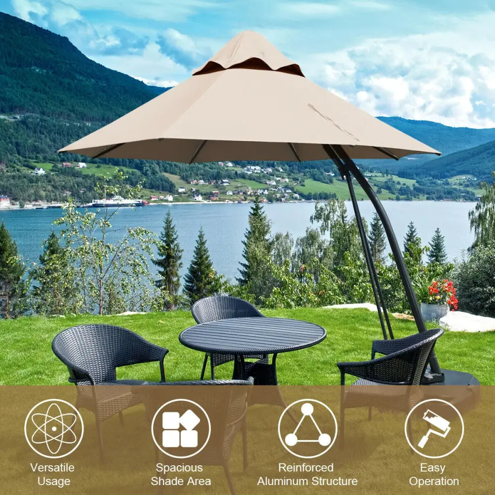 11 Feet Outdoor Cantilever Hanging Umbrella with Base and Wheels-Tan - Tan - Outdoor Umbrellas