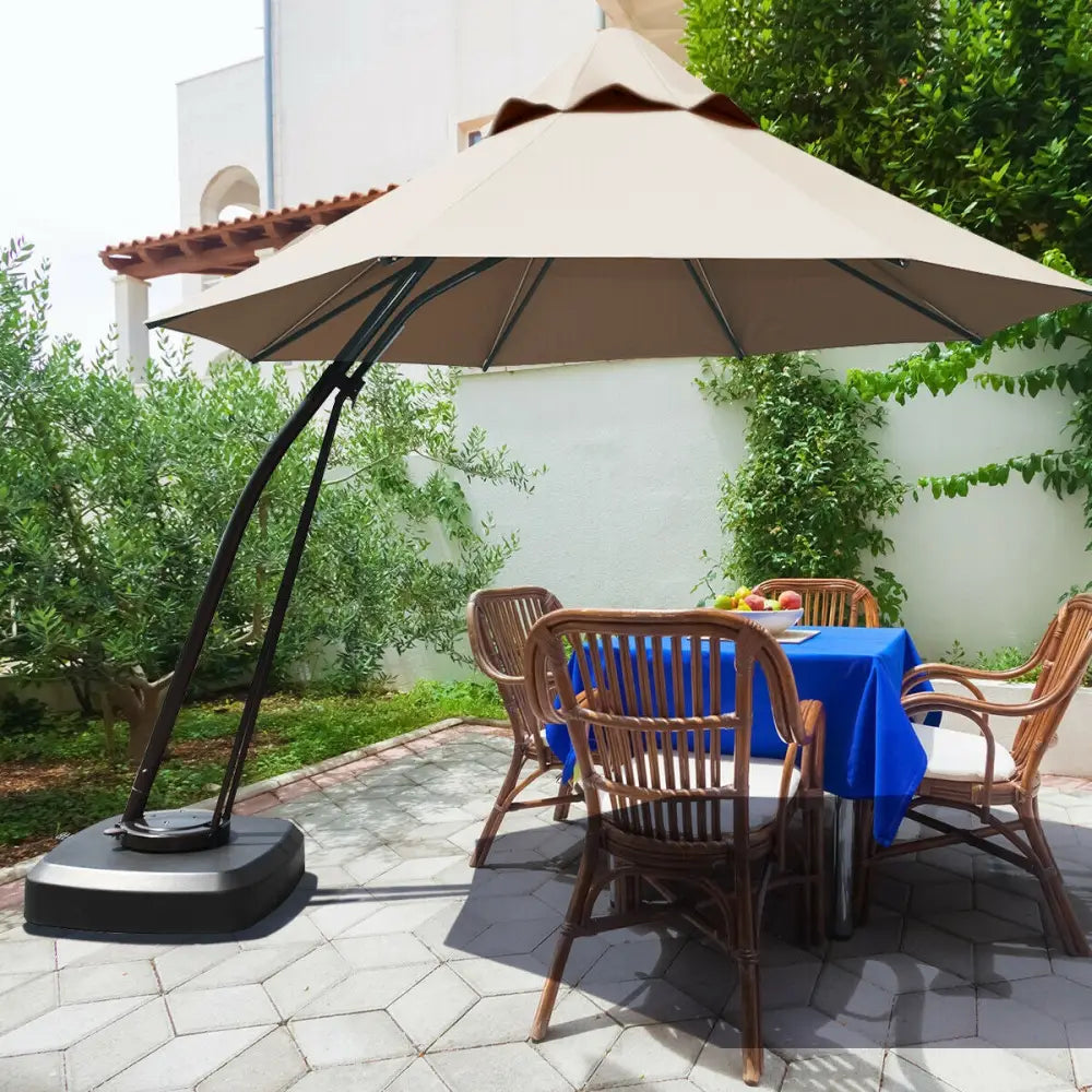 11 Feet Outdoor Cantilever Hanging Umbrella with Base and Wheels-Tan - Tan - Outdoor Umbrellas