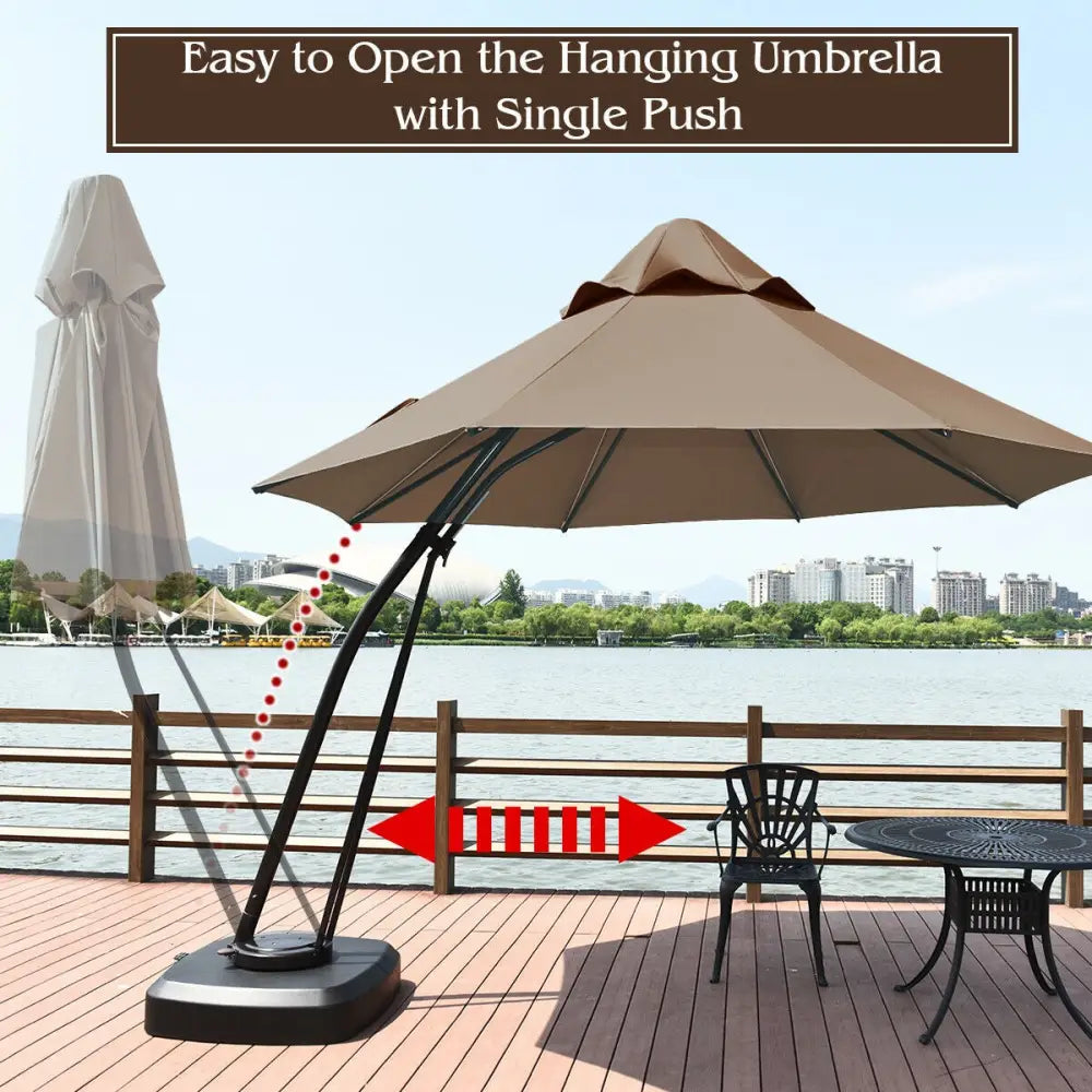11 Feet Outdoor Cantilever Hanging Umbrella with Base and Wheels-Tan - Tan - Outdoor Umbrellas