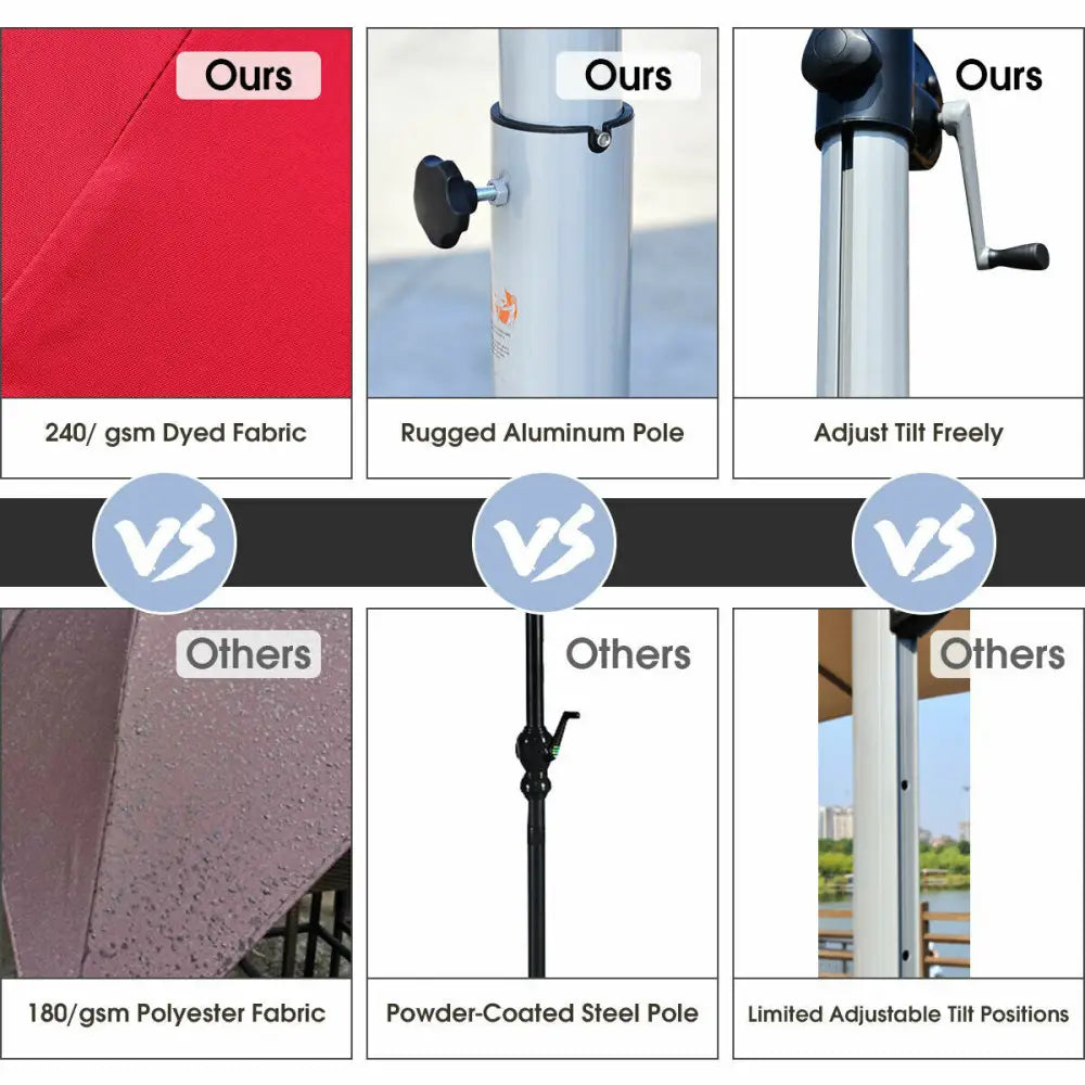 11 Feet Patio Offset Cantilever Umbrella 360° Rotation Aluminum Tilt-Red - Red - Outdoor Umbrellas
