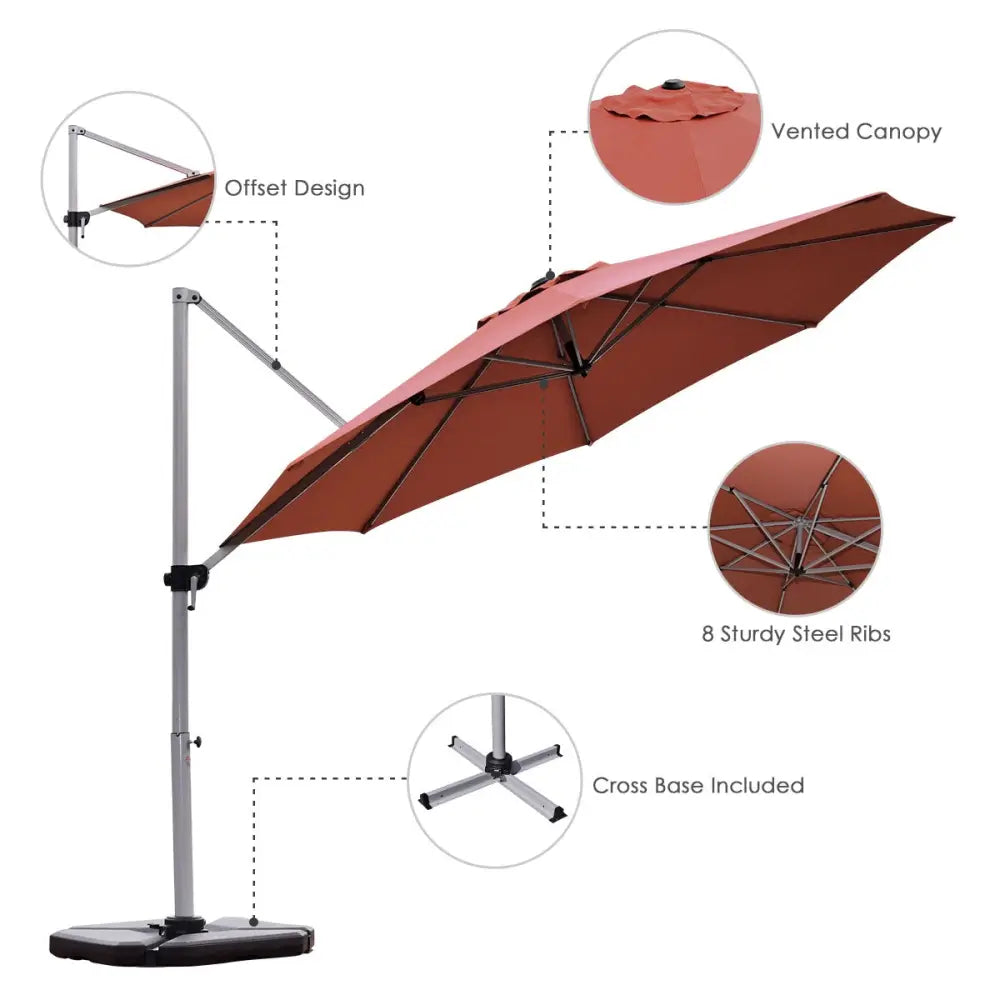 11 Feet Patio Offset Cantilever Umbrella 360° Rotation Aluminum Tilt-Brick Red - Rust Red - Outdoor Umbrellas