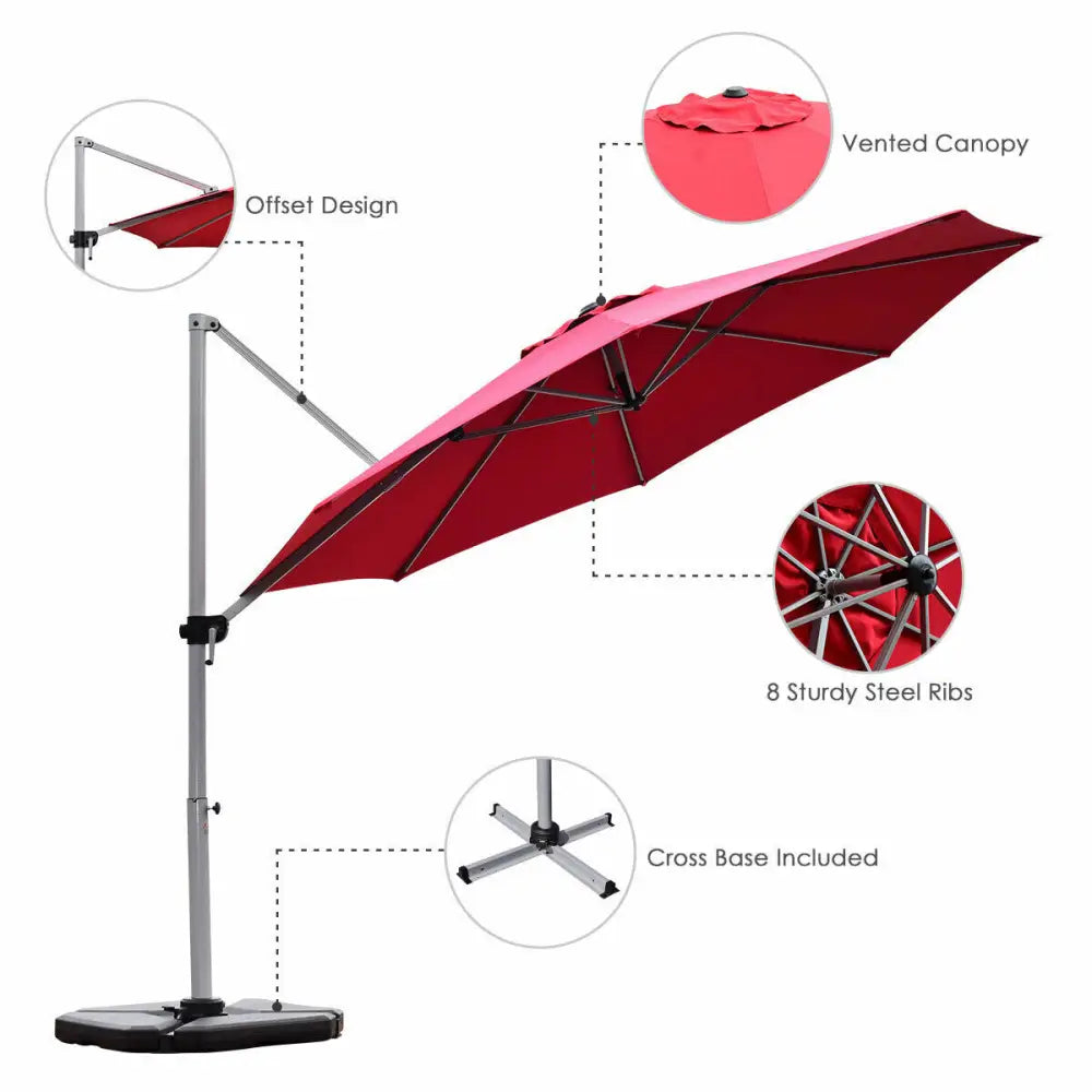 11 Feet Patio Offset Cantilever Umbrella 360° Rotation Aluminum Tilt-Red - Red - Outdoor Umbrellas