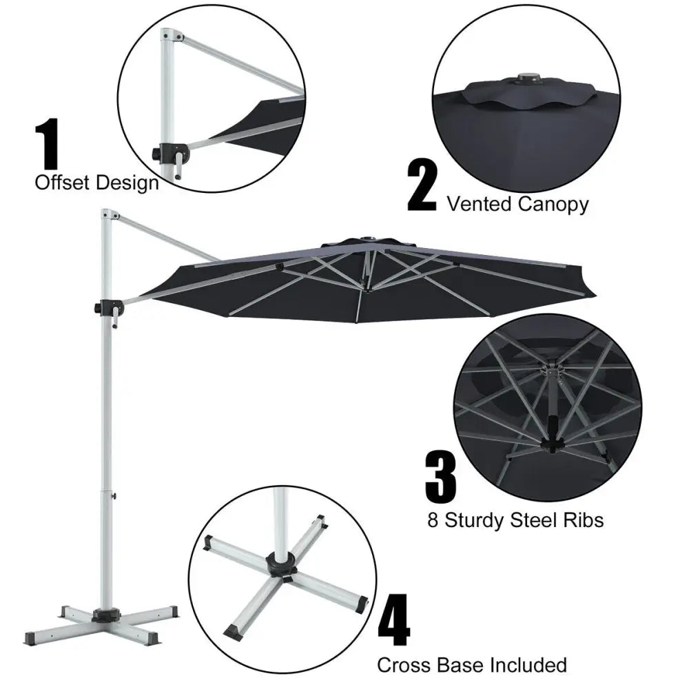 11 Feet Patio Offset Cantilever Umbrella 360° Rotation Aluminum Tilt-Gray - Gray - Outdoor Umbrellas