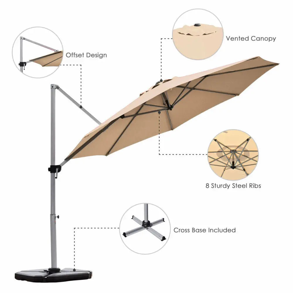 11 Feet Patio Offset Cantilever Umbrella 360° Rotation Aluminum Tilt-Beige - Beige - Outdoor Umbrellas