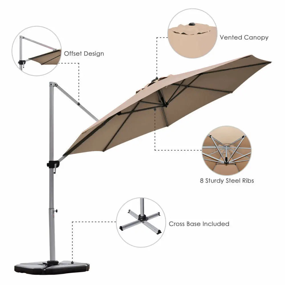 11 Feet Patio Offset Cantilever Umbrella 360° Rotation Aluminum Tilt-Tan - Tan - Outdoor Umbrellas