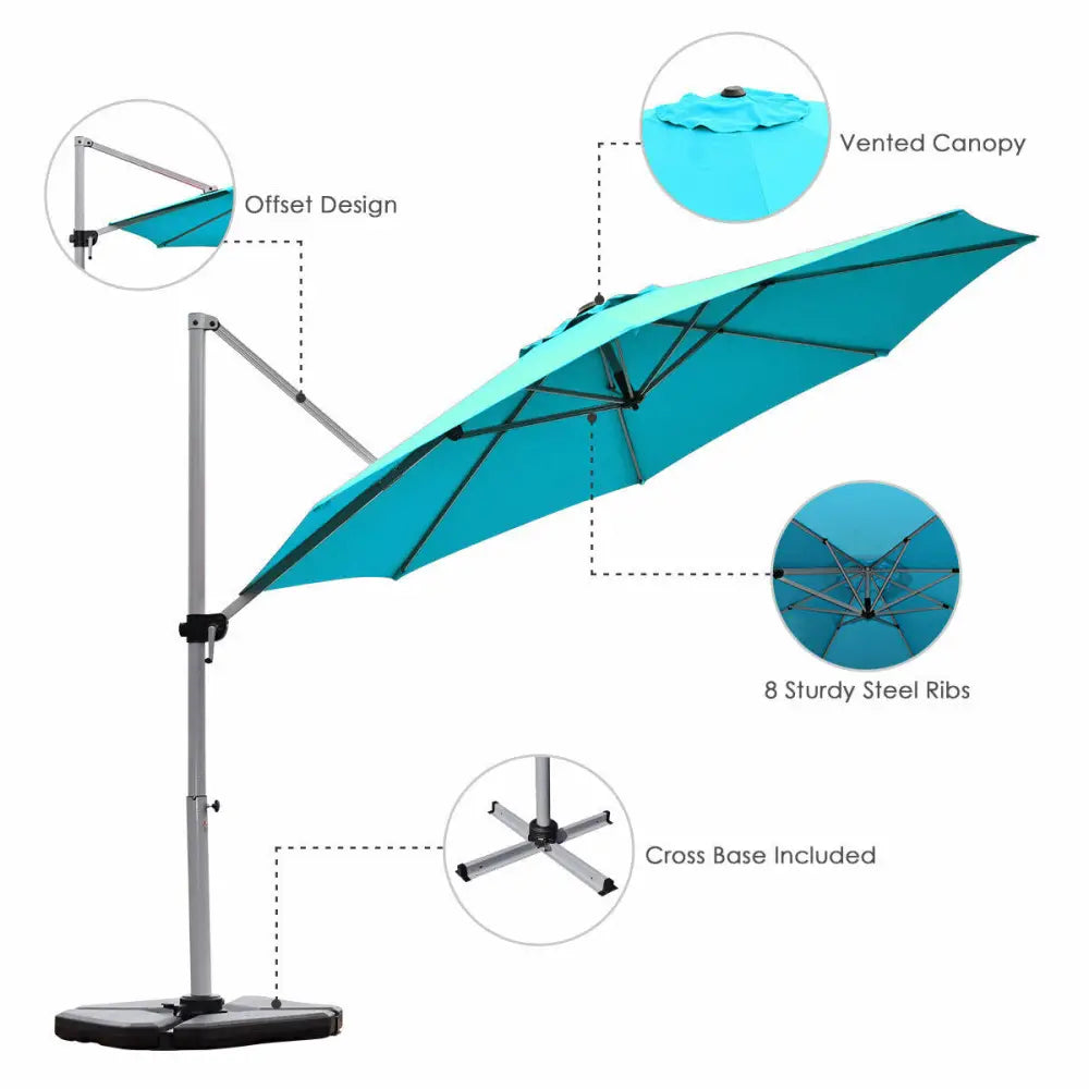 11 Feet Patio Offset Cantilever Umbrella 360° Rotation Aluminum Tilt-Blue - Blue - Outdoor Umbrellas