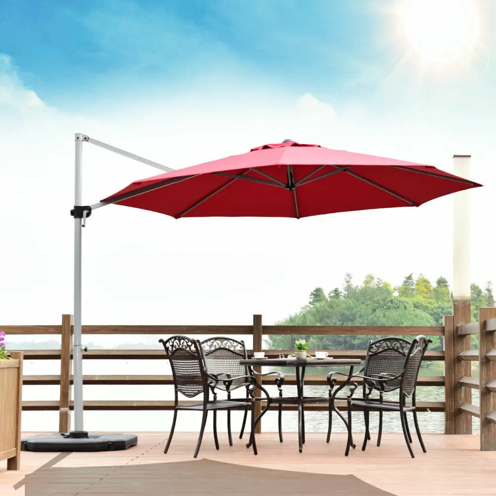 11 Feet Patio Offset Cantilever Umbrella 360° Rotation Aluminum Tilt-Red - Red - Outdoor Umbrellas