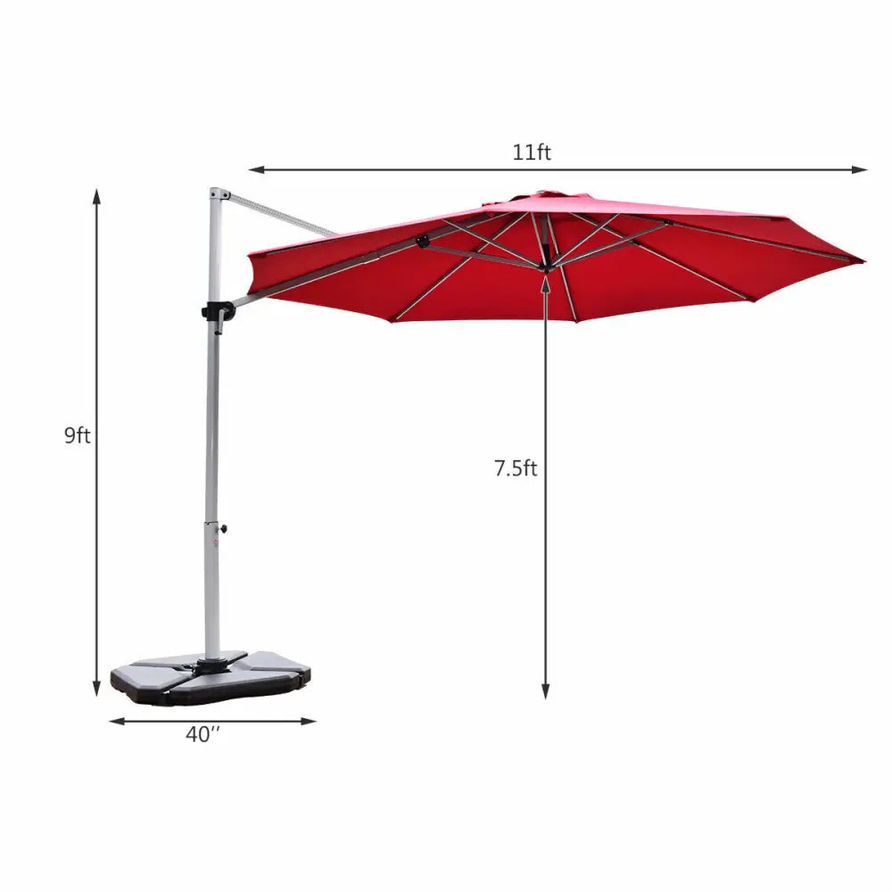 11 Feet Patio Offset Cantilever Umbrella 360° Rotation Aluminum Tilt-Red - Red - Outdoor Umbrellas
