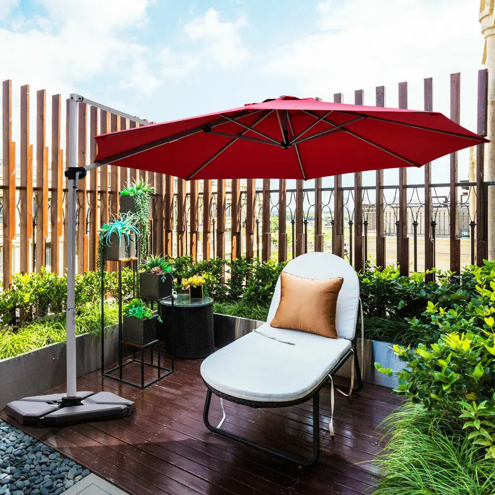 11 Feet Patio Offset Cantilever Umbrella 360° Rotation Aluminum Tilt-Red - Red - Outdoor Umbrellas