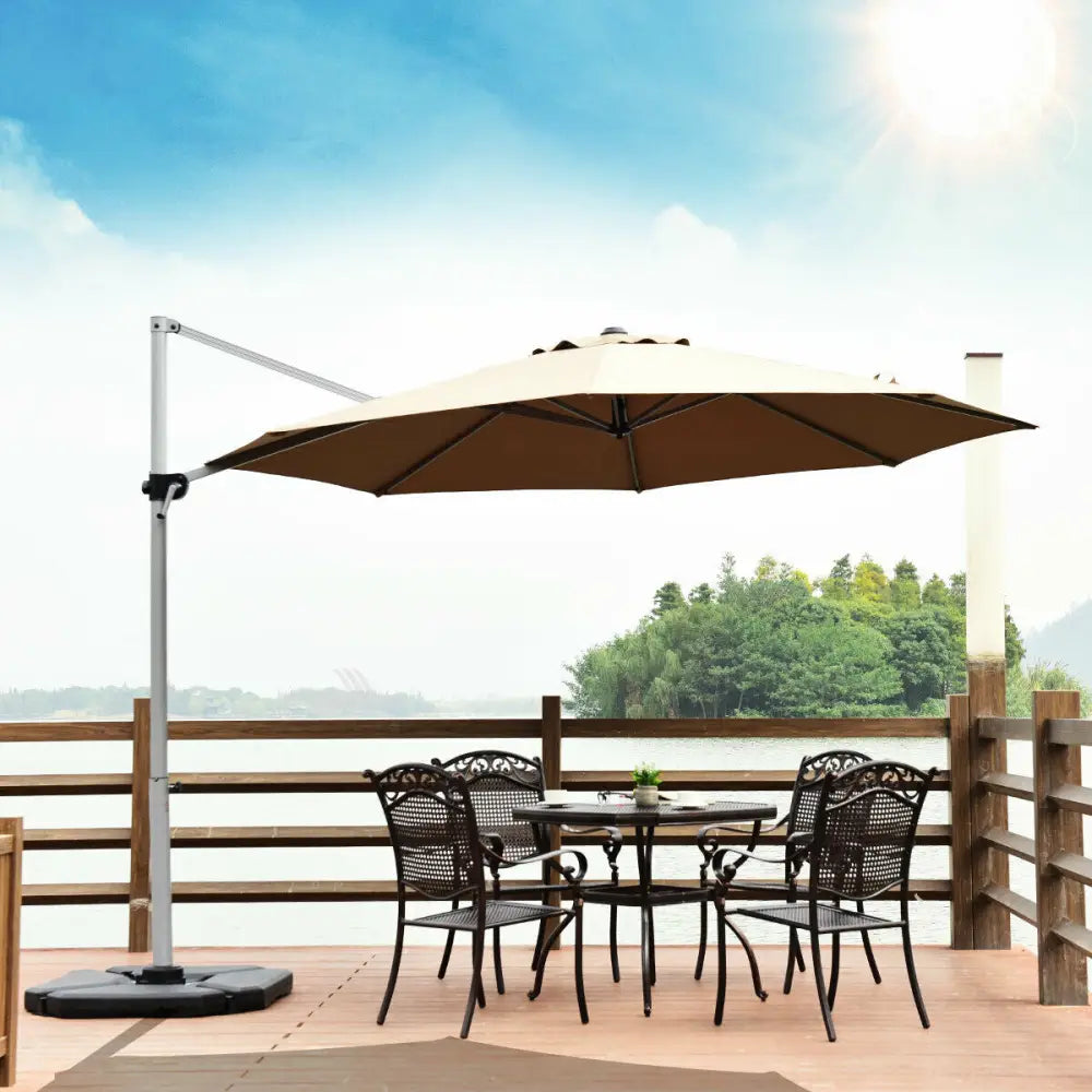 11 Feet Patio Offset Cantilever Umbrella 360° Rotation Aluminum Tilt-Tan - Tan - Outdoor Umbrellas