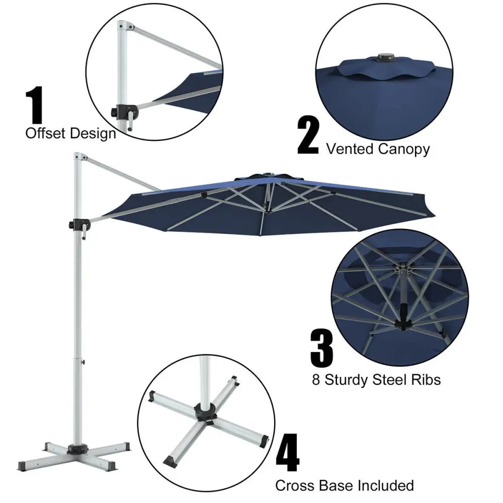 11 Feet Patio Offset Cantilever Umbrella 360° Rotation Aluminum Tilt-Navy - Navy - Outdoor Umbrellas