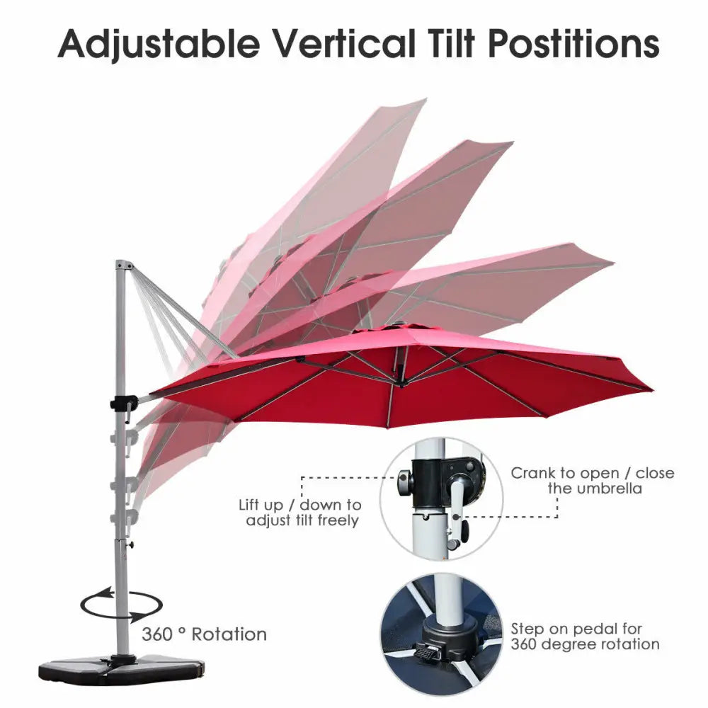 11 Feet Patio Offset Cantilever Umbrella 360° Rotation Aluminum Tilt-Red - Red - Outdoor Umbrellas