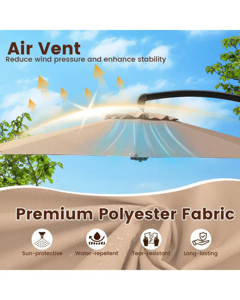 11 FT Cantilever Patio Umbrella with Base with 360° Rotation and Tilt Adjustment-Brown - Brown - Outdoor Umbrellas