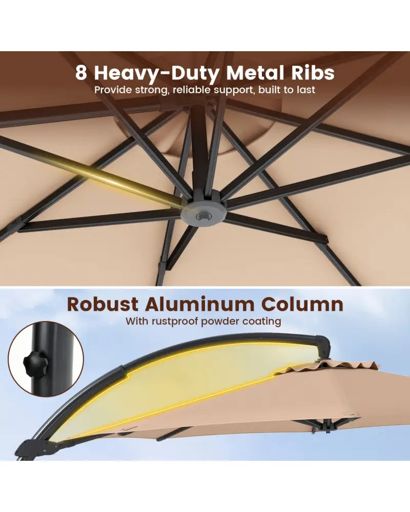 11 FT Cantilever Patio Umbrella with Base with 360° Rotation and Tilt Adjustment-Brown - Brown - Outdoor Umbrellas
