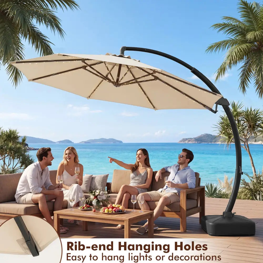 11 FT Cantilever Patio Umbrella with Base with 360° Rotation and Tilt Adjustment-Beige - Beige - Outdoor Umbrellas