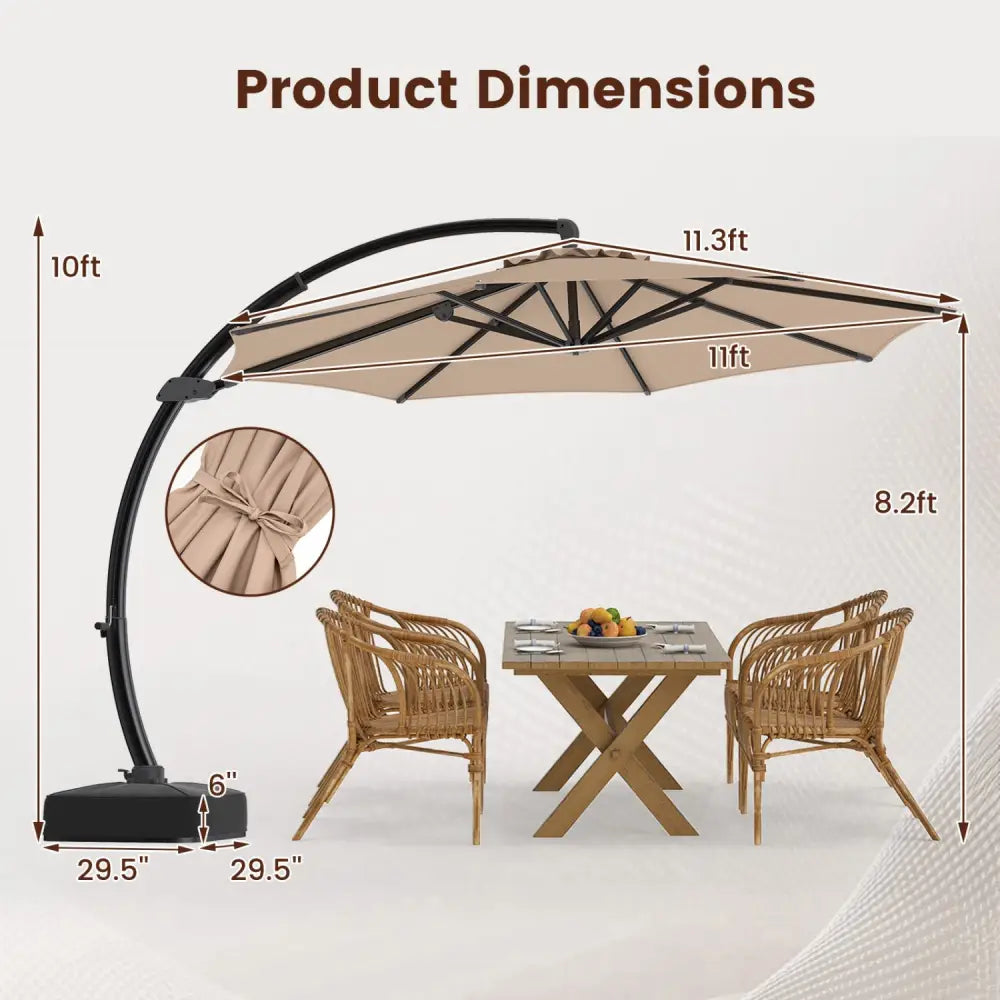 11 FT Cantilever Patio Umbrella with Base with 360° Rotation and Tilt Adjustment-Brown - Brown - Outdoor Umbrellas
