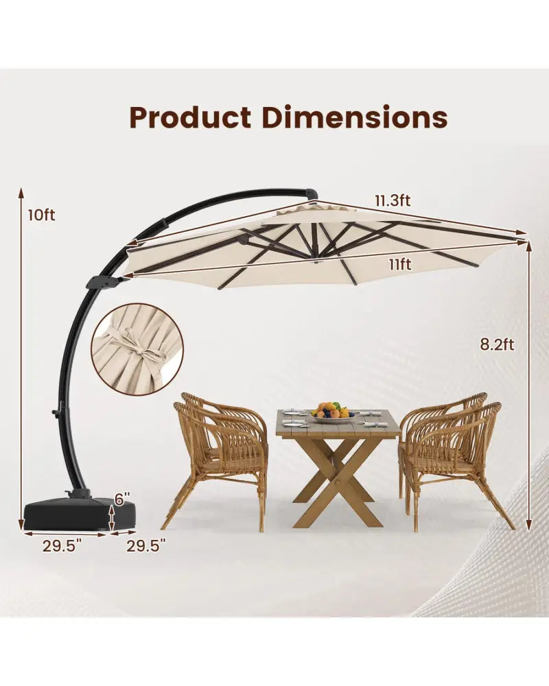 11 FT Cantilever Patio Umbrella with Base with 360° Rotation and Tilt Adjustment-Beige - Beige - Outdoor Umbrellas