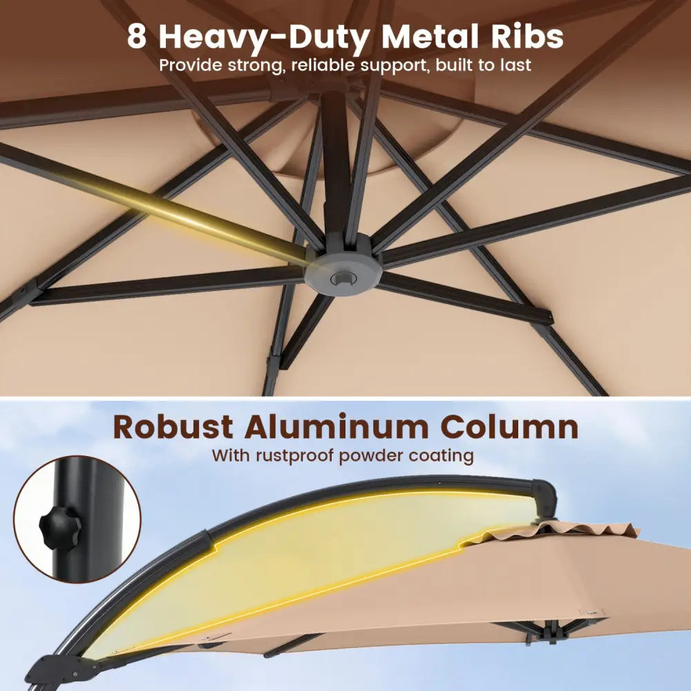 11 FT Cantilever Patio Umbrella with Base with 360° Rotation and Tilt Adjustment-Brown - Brown - Outdoor Umbrellas