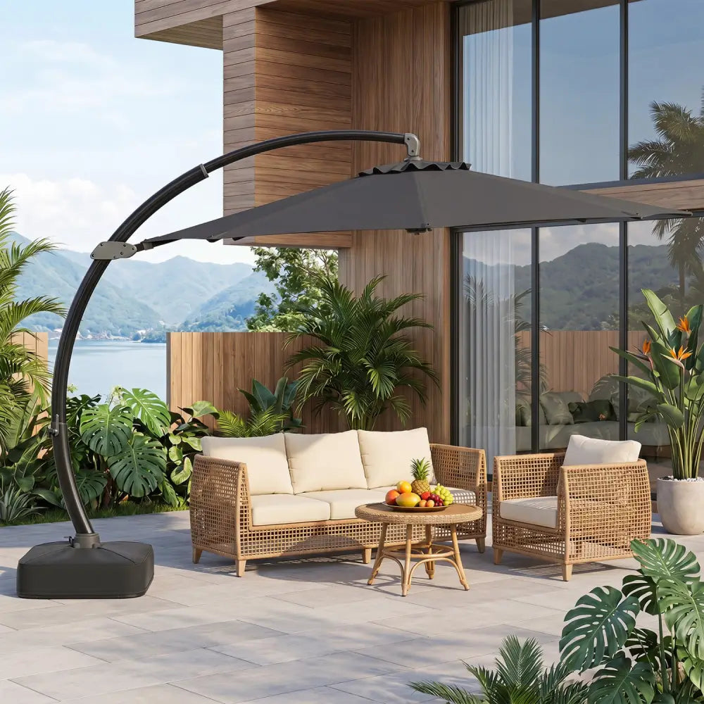 11 FT Cantilever Patio Umbrella with Base with 360° Rotation and Tilt Adjustment-Gray - Gray - Outdoor Umbrellas