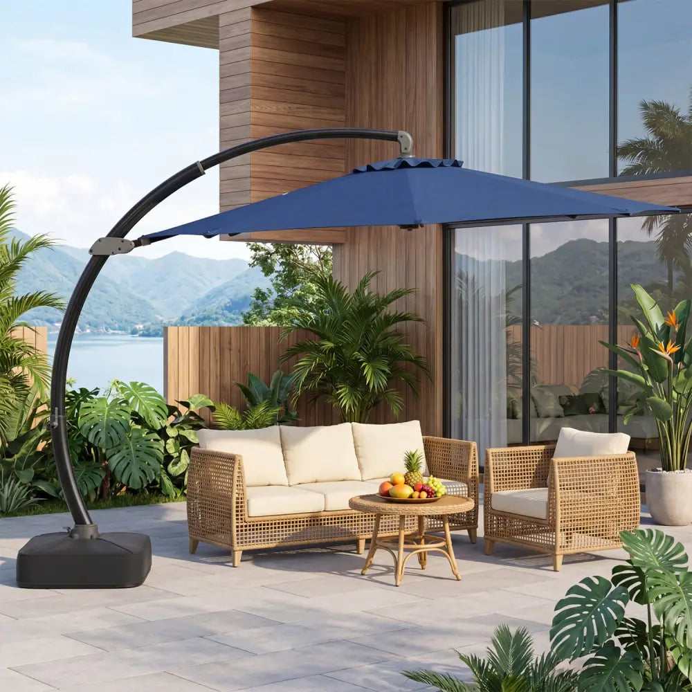11 FT Cantilever Patio Umbrella with Base with 360° Rotation and Tilt Adjustment-Navy - Navy - Outdoor Umbrellas