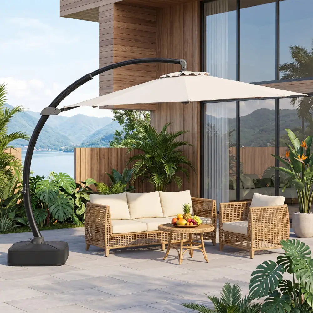 11 FT Cantilever Patio Umbrella with Base with 360° Rotation and Tilt Adjustment-Beige - Beige - Outdoor Umbrellas