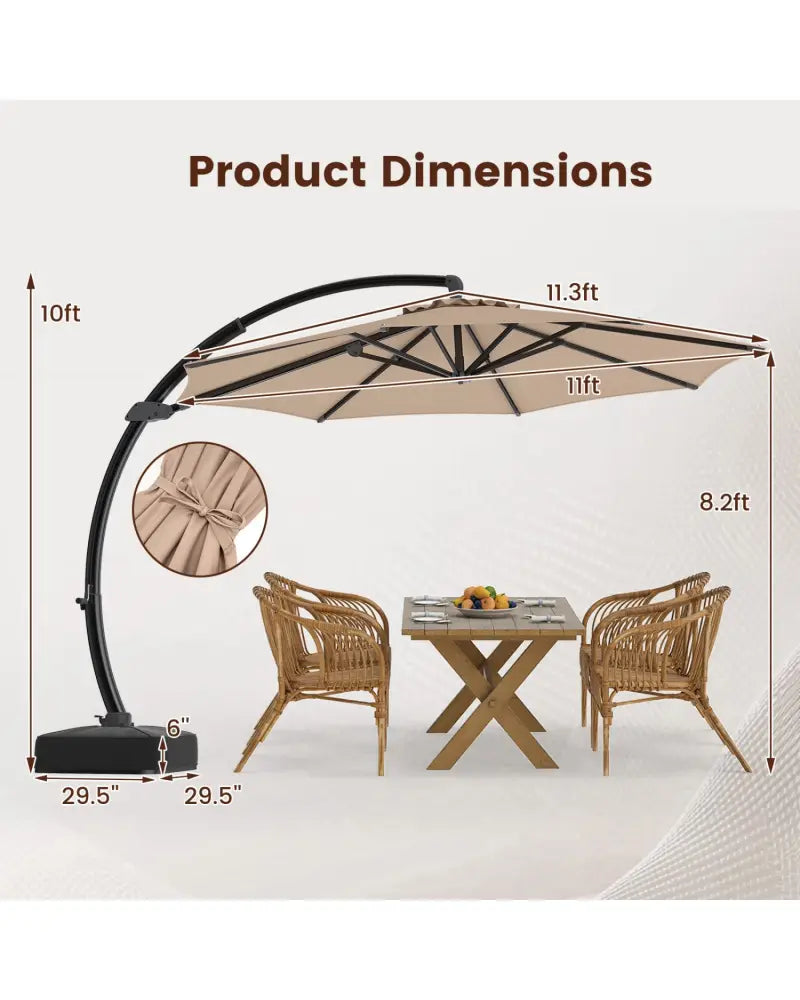 11 FT Cantilever Patio Umbrella with Base with 360° Rotation and Tilt Adjustment-Brown - Brown - Outdoor Umbrellas