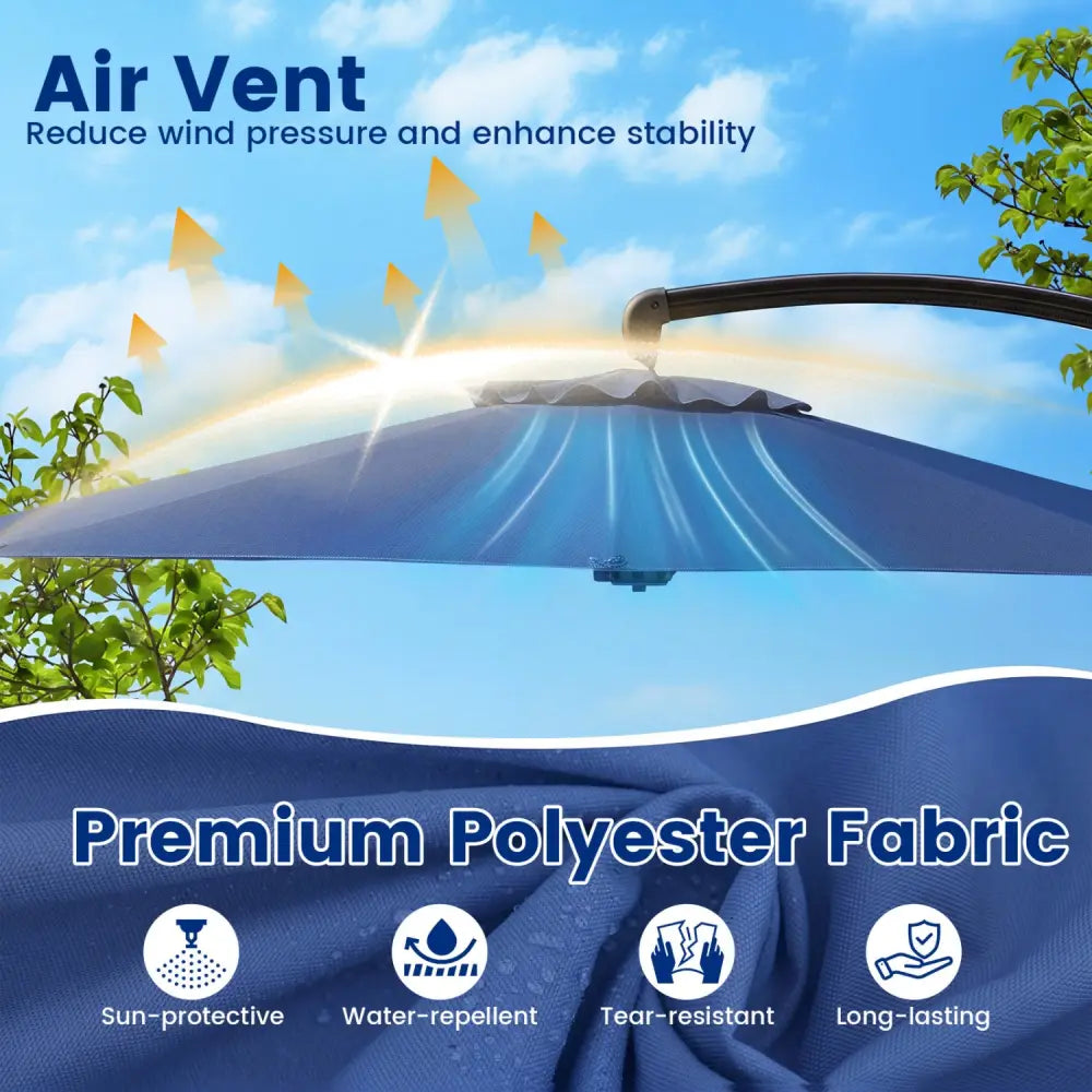 11 FT Cantilever Patio Umbrella with Base with 360° Rotation and Tilt Adjustment-Navy - Navy - Outdoor Umbrellas