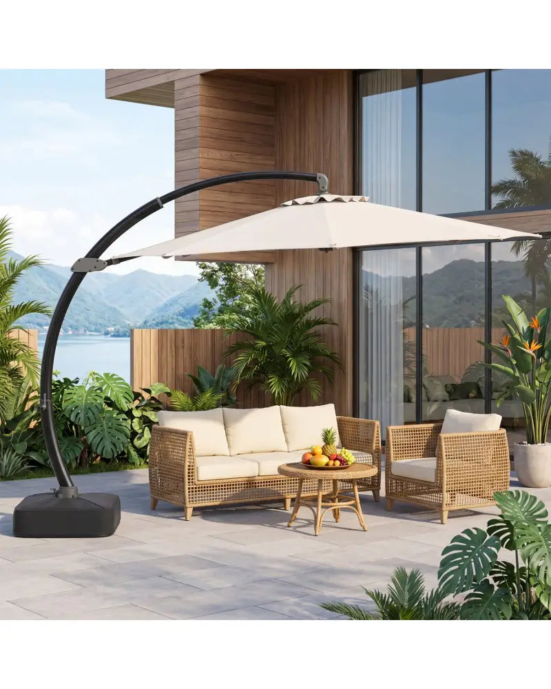 11 FT Cantilever Patio Umbrella with Base with 360° Rotation and Tilt Adjustment-Beige - Beige - Outdoor Umbrellas
