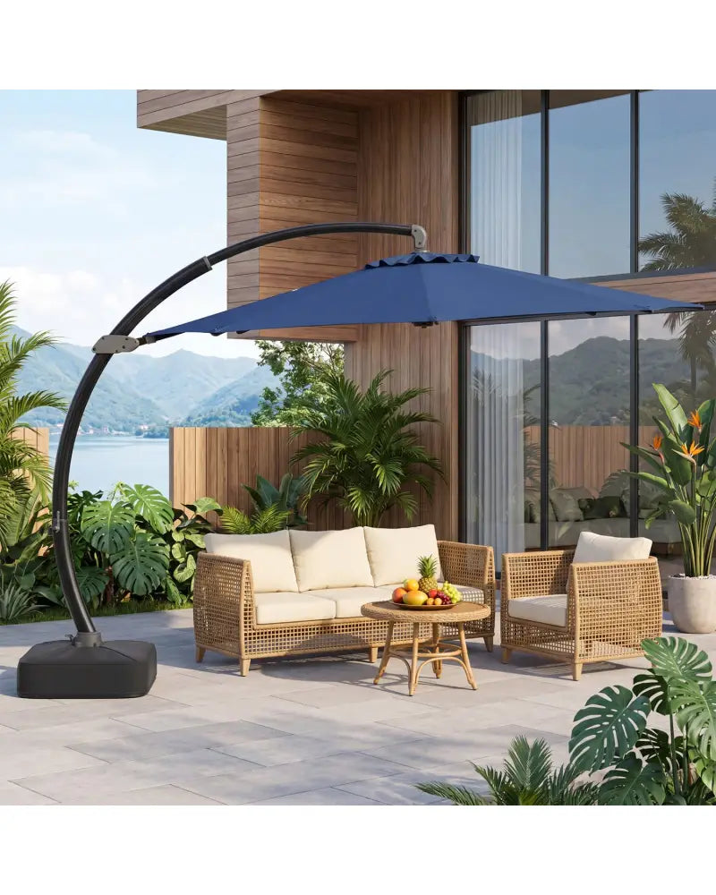 11 FT Cantilever Patio Umbrella with Base with 360° Rotation and Tilt Adjustment-Navy - Navy - Outdoor Umbrellas
