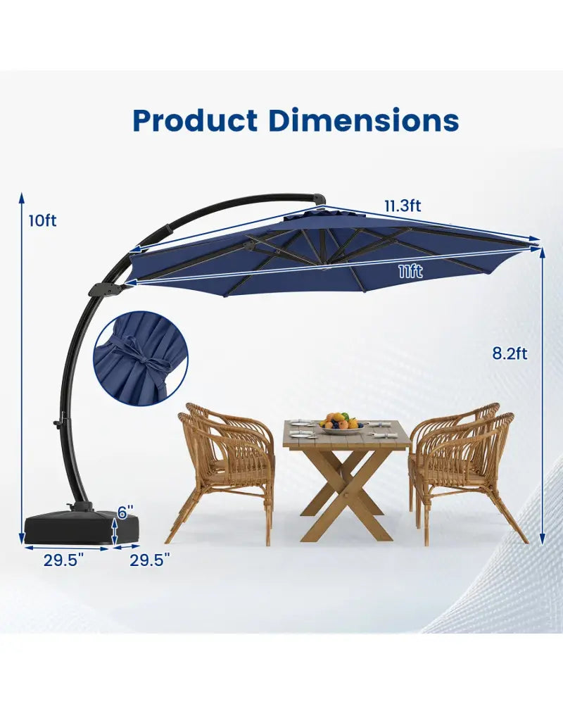 11 FT Cantilever Patio Umbrella with Base with 360° Rotation and Tilt Adjustment-Navy - Navy - Outdoor Umbrellas