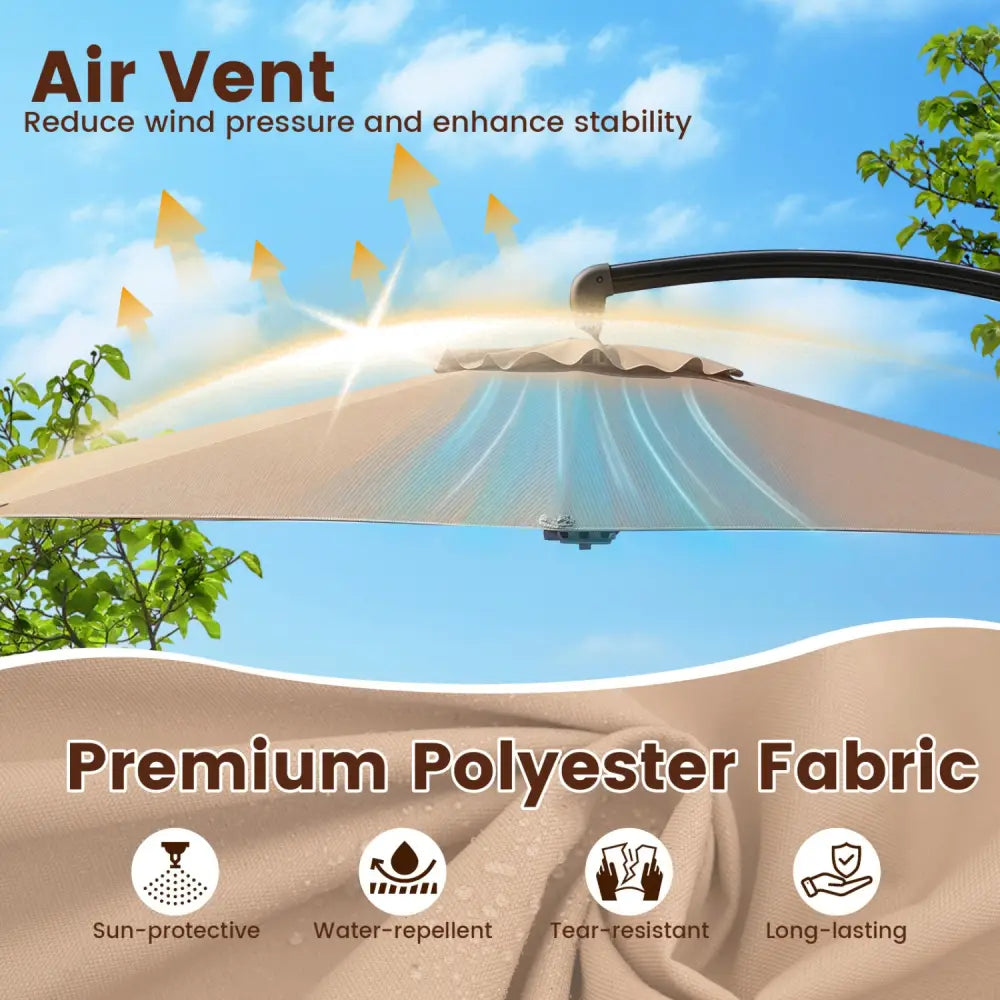 11 FT Cantilever Patio Umbrella with Base with 360° Rotation and Tilt Adjustment-Brown - Brown - Outdoor Umbrellas