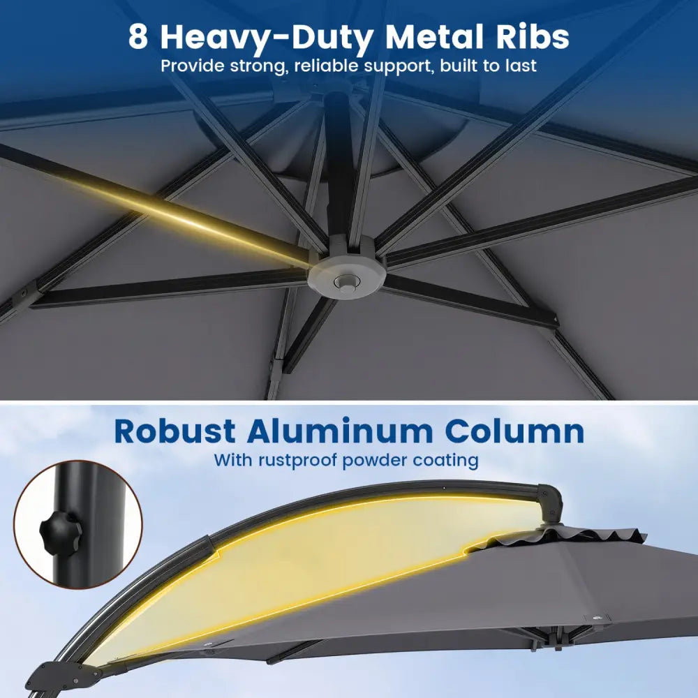 11 FT Cantilever Patio Umbrella with Base with 360° Rotation and Tilt Adjustment-Gray - Gray - Outdoor Umbrellas