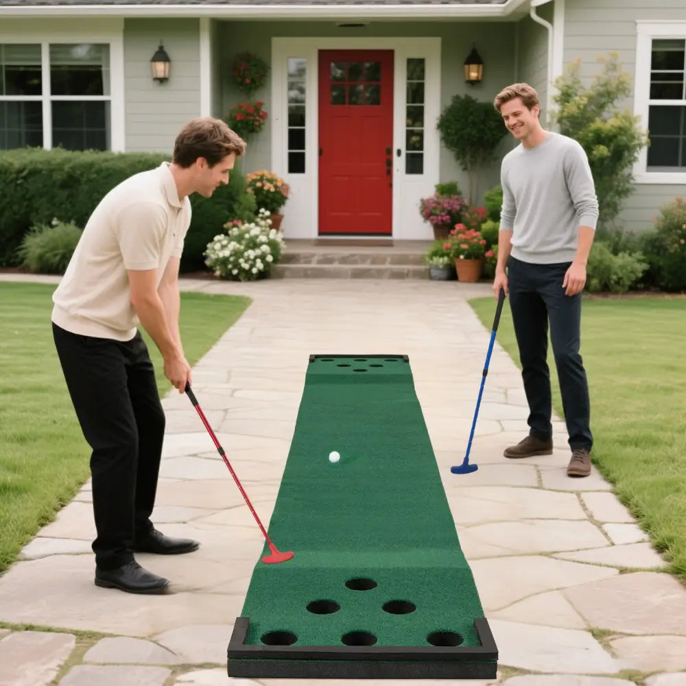 11 FT Indoor Outdoor Putting Green Mat with 2 Adjustable Putters and 6 Balls - Green - Golf