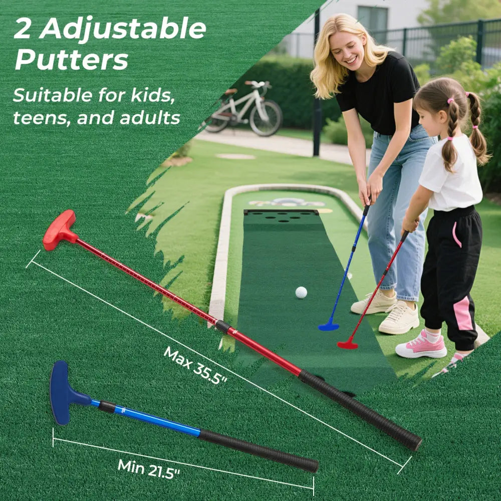 11 FT Indoor Outdoor Putting Green Mat with 2 Adjustable Putters and 6 Balls - Green - Golf