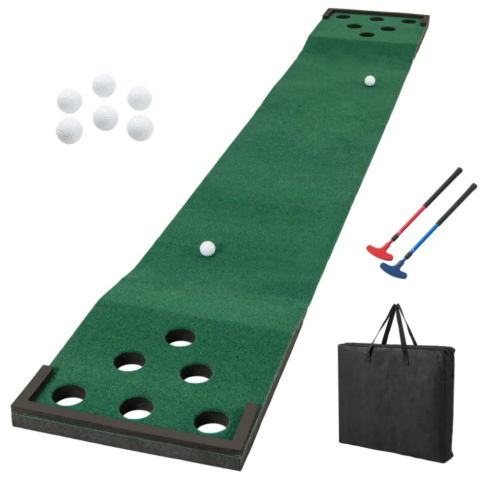 11 FT Indoor Outdoor Putting Green Mat with 2 Adjustable Putters and 6 Balls - Green - Golf