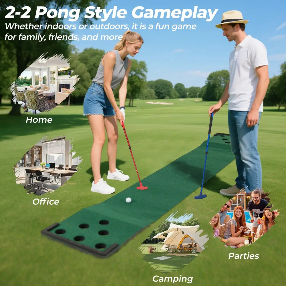 11 FT Indoor Outdoor Putting Green Mat with 2 Adjustable Putters and 6 Balls - Green - Golf