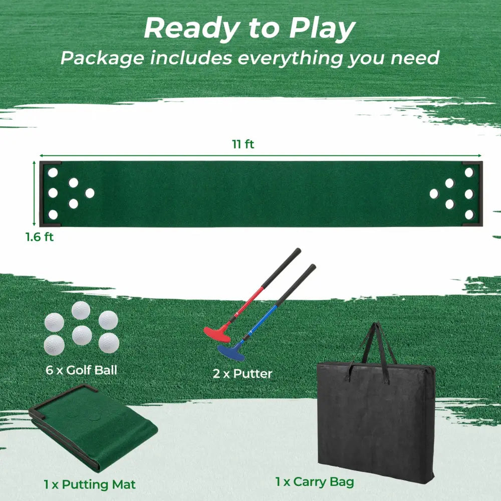 11 FT Indoor Outdoor Putting Green Mat with 2 Adjustable Putters and 6 Balls - Green - Golf