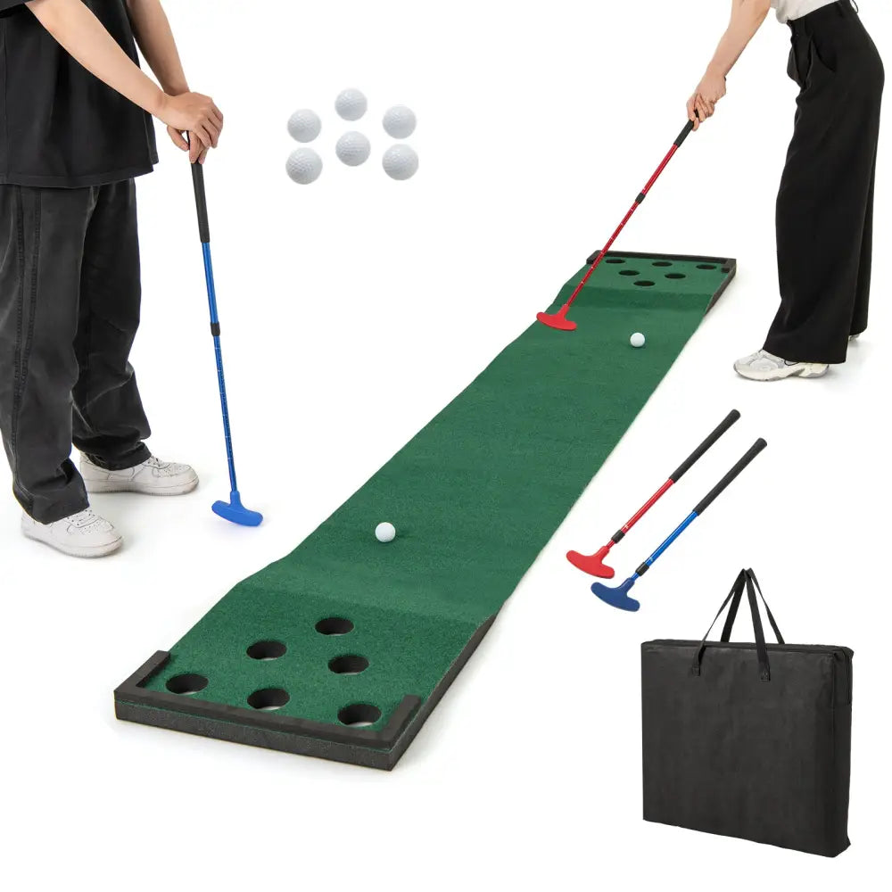 11 FT Indoor Outdoor Putting Green Mat with 2 Adjustable Putters and 6 Balls - Green - Golf
